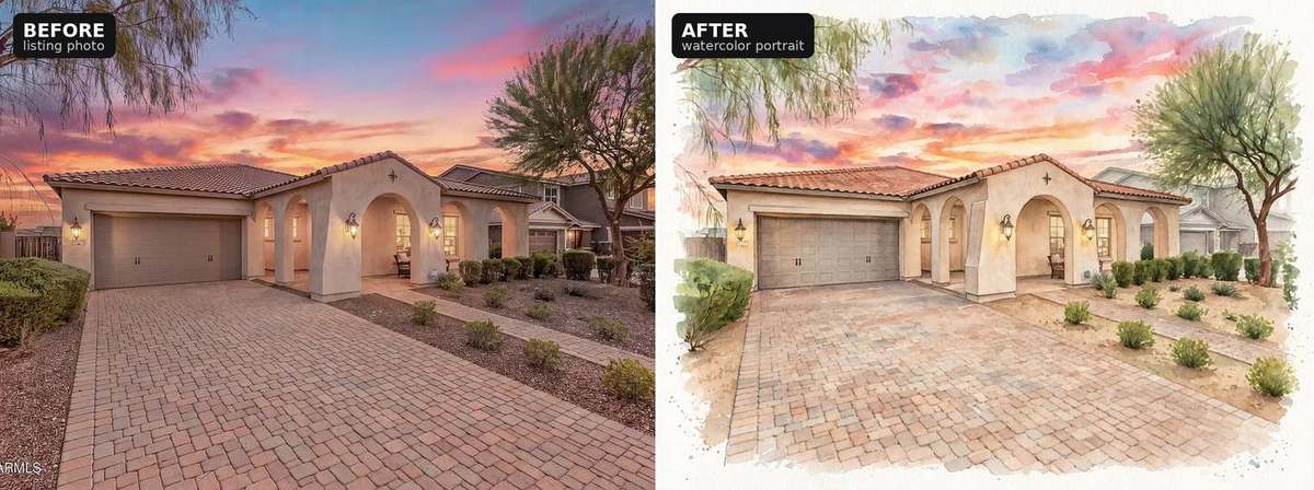 Before and after: stucco home listing photo transformed into a watercolor-style portrait