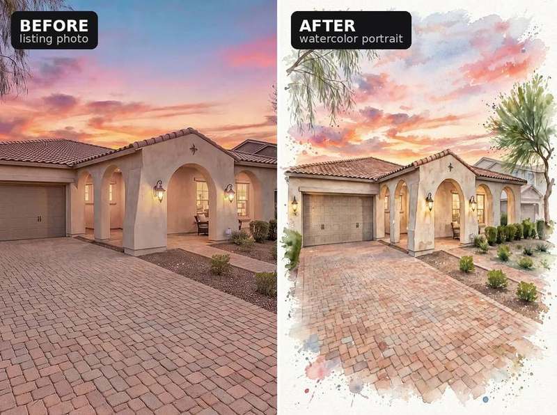 Before and after: vertical watercolor-style portrait rendered from a listing photo