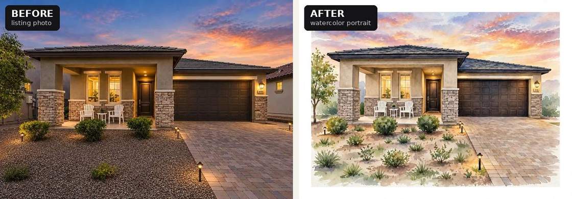 Before and after: a listing photo transformed into a watercolor-style portrait