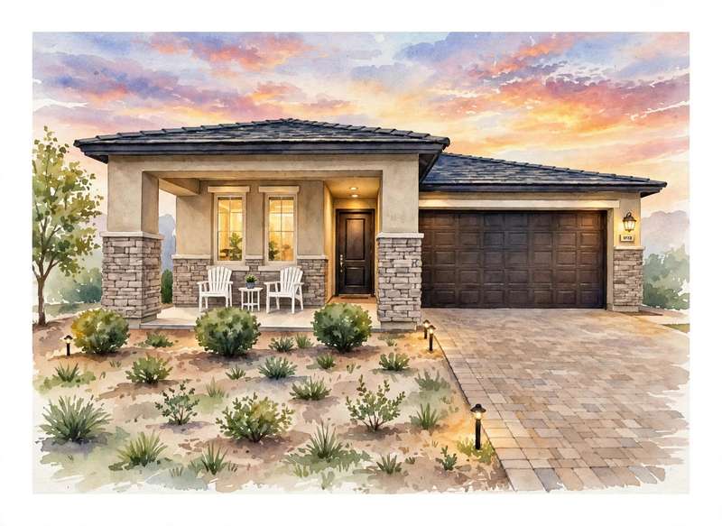 Sample watercolor-style portrait of a home at sunset
